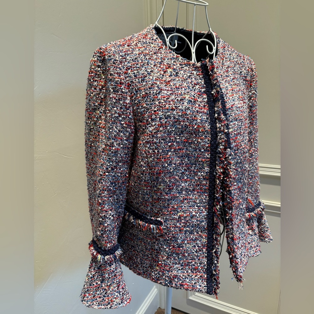 Tahari ASL Tweed Boucle Fringe Trim Jacket
